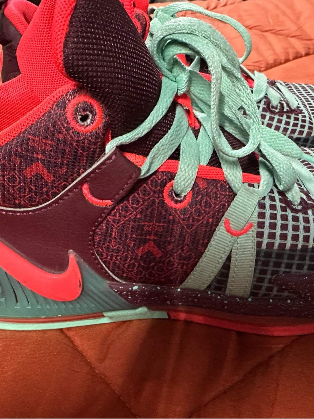 Nike Lebrons Coral Red & Mint Green Basketball Shoe
